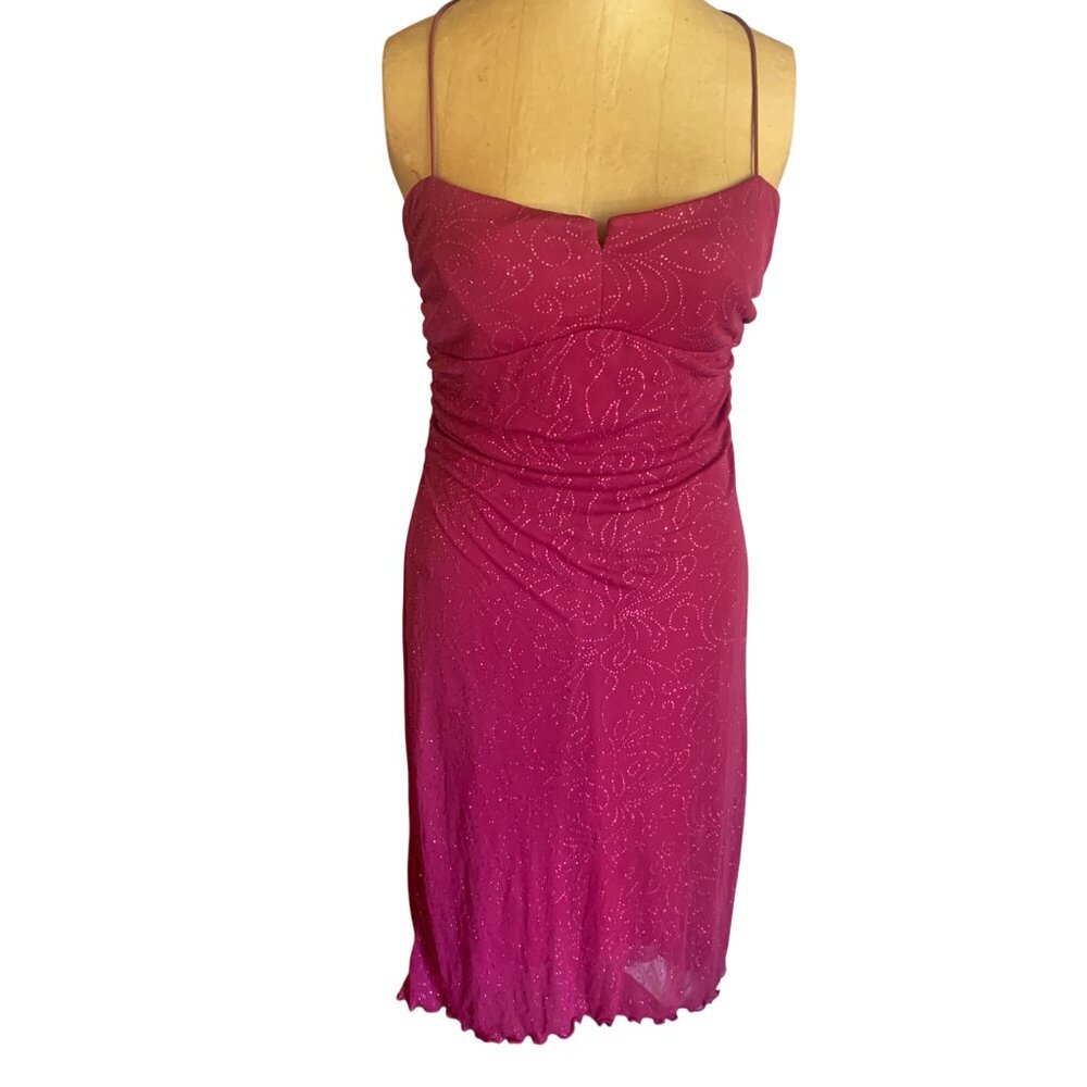 VTG 90s Y2K City Triangles Fusha Midi Rauched Sparkle Dress L Fairy‎ High Low